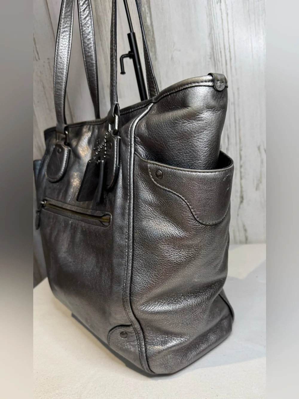 Coach Mickie Metallic Leather Tote Bag 2015 34039 - Gunmetal Hardware